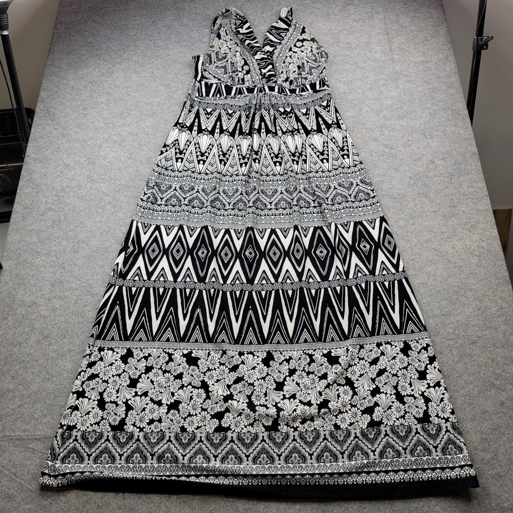 John Paul Richard Dress Womens Large Black V Neck Sleeveless Geometric Maxi Boho